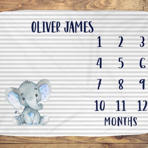 Elephant Monthly Milestone Blanket, Striped Baby Month Blanket Boy, Grow Blankets Newborn Photo Props, Personalized Gray Blue Nursery Gift