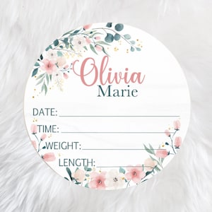 Personalized Baby Birth Stat Wood Sign, Blush Pink Floral Wooden Round Birth Announcement, Name Milestone Girl, Newborn Nursery Wall Decor