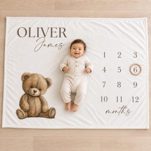 Personalized Teddy Bear Baby Milestone Blanket, First Year Monthly Growth Tracker, Neutral Photo Prop Vintage Nursery, Custom Name Blanket
