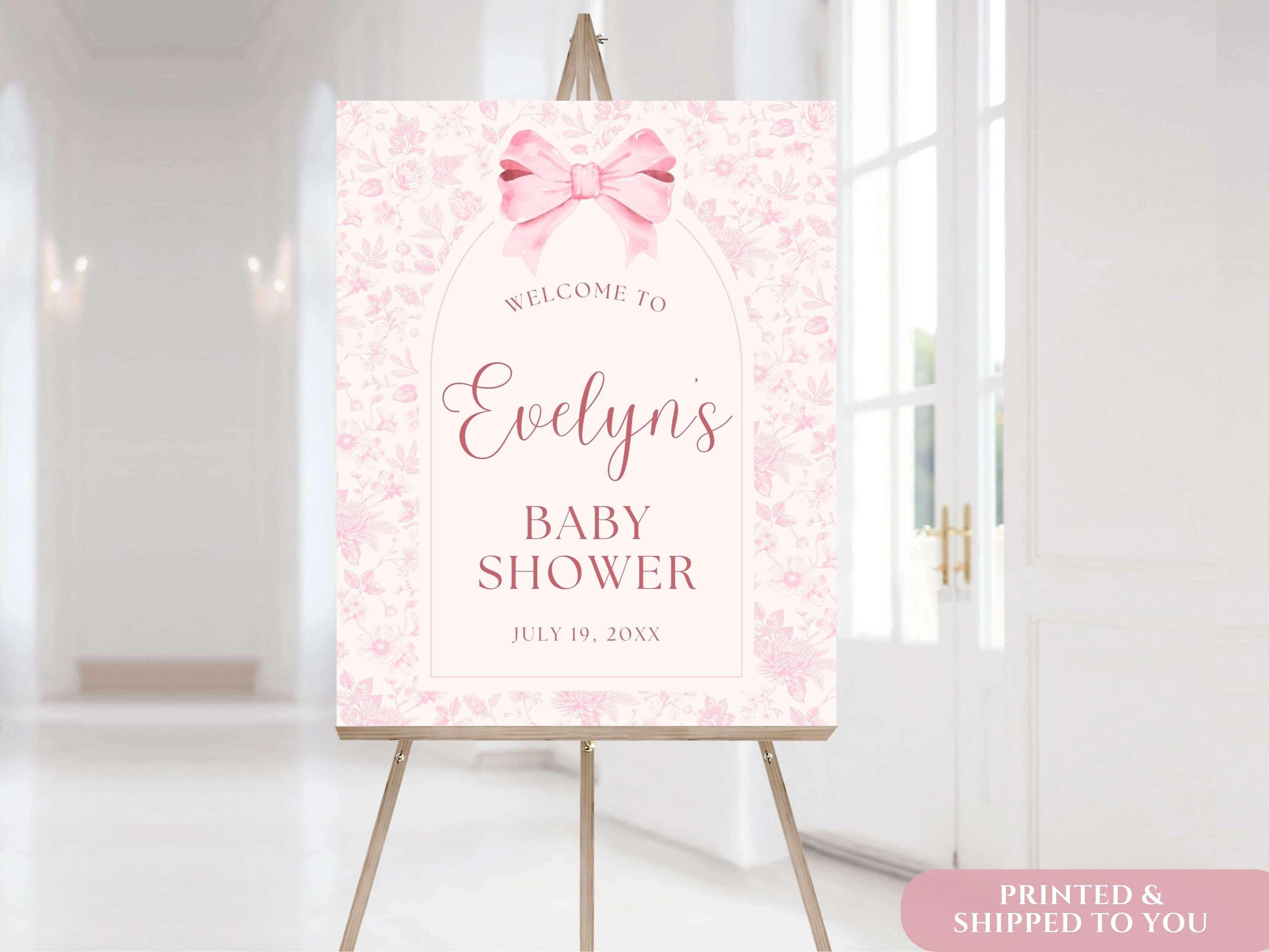 Pink Bow Baby Shower Welcome Sign, Vintage Floral Toile Ribbon Party ...
