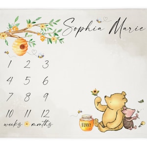 Winnie Bear Baby Milestone Blanket Girl, First Year Calendar Monthly Growth Mat, Personalized Name Pooh Bear Month Blanket, Baby Shower Gift