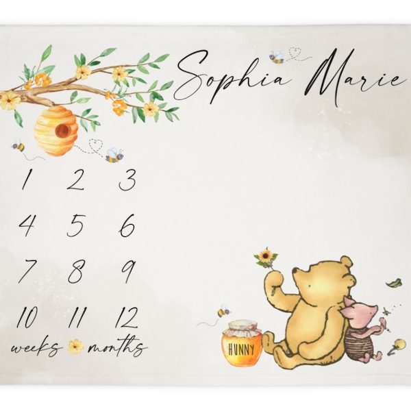 Winnie Bear Baby Milestone Blanket Girl, First Year Calendar Monthly Growth Mat, Personalized Name Pooh Bear Month Blanket, Baby Shower Gift