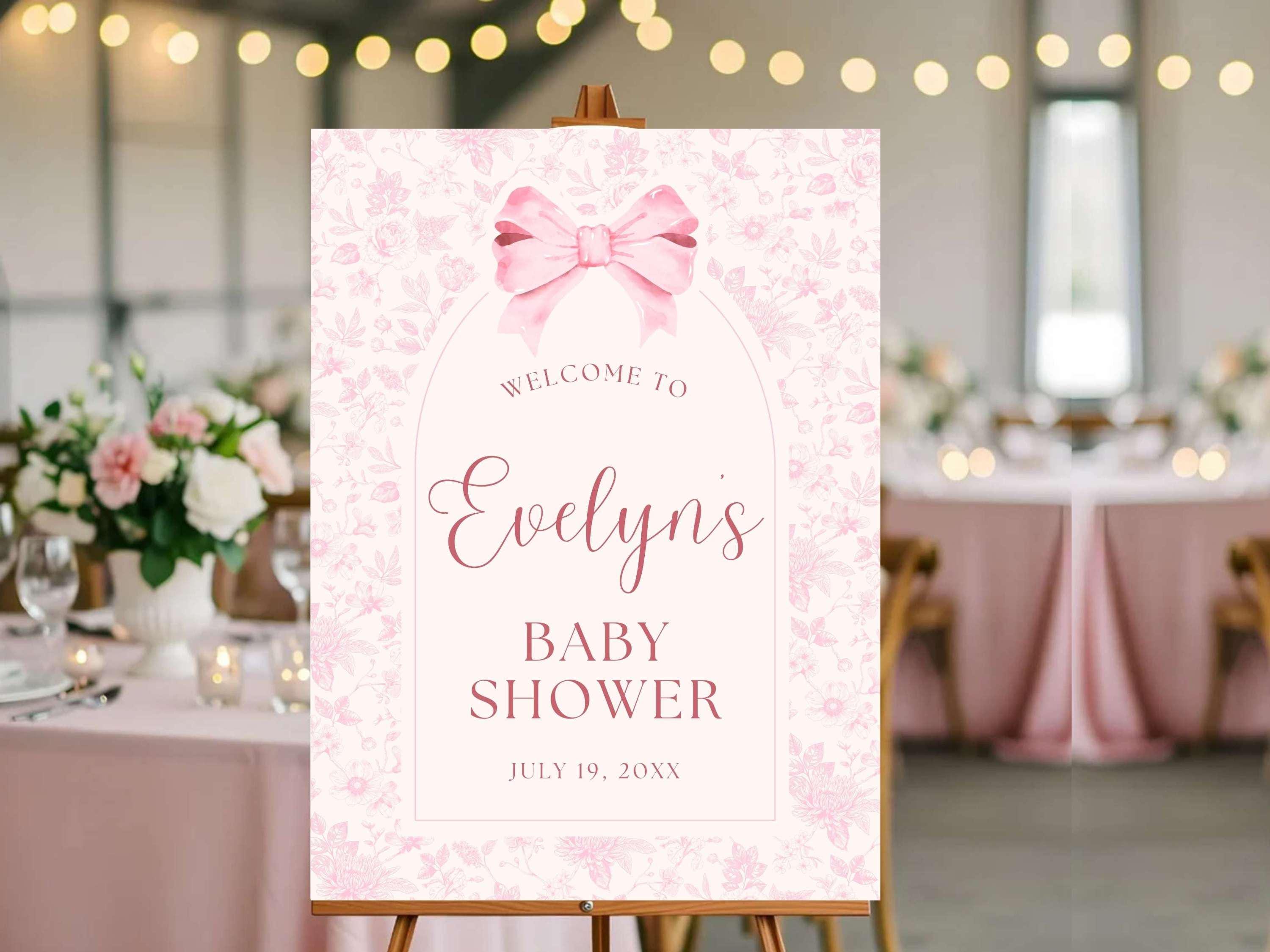 Pink Bow Baby Shower Welcome Sign, Vintage Floral Toile Ribbon Party ...