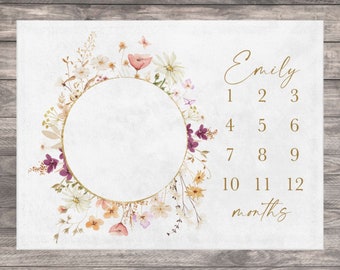 Wildflower Baby Milestone Blanket Girl, Personalized First Year Calendar Monthly Growth Blanket, Boho Floral Month Blanket, Baby Shower Gift