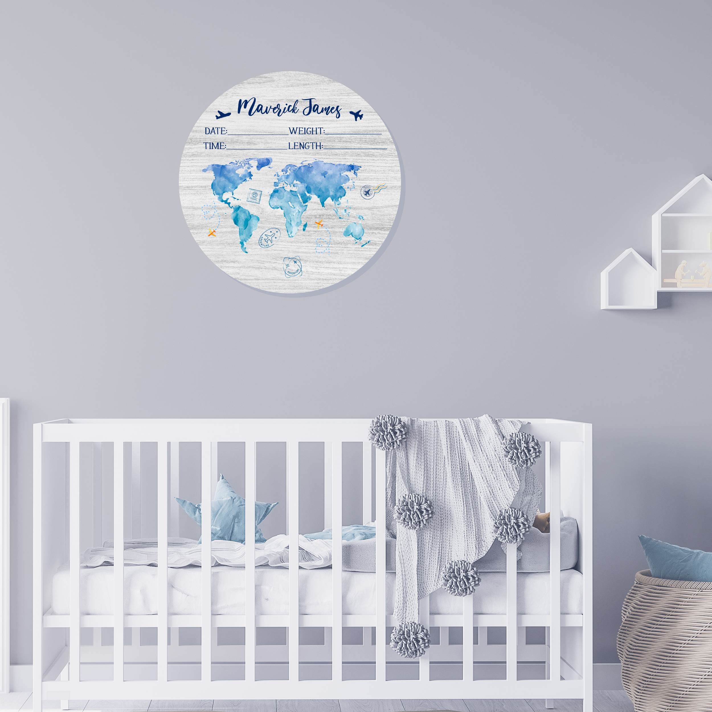 World Map Baby Birth Stat Announcement, Wooden Round Name Sign ...