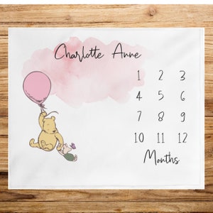 Classic Winnie Bear Baby Milestone Blanket, Personalized Name Month Blanket Girl, First Year Calendar Baby Growth Blanket, Baby Shower Gift