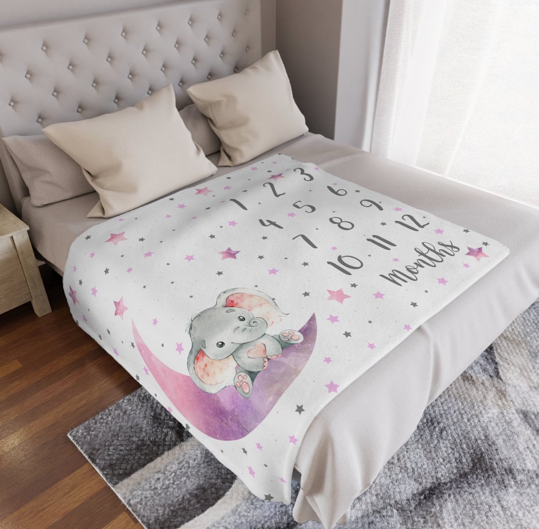 Personalized Elephant Baby Milestone Blanket - 'Love You To The Moon' First Year Photo Blanket (Pink, 38x28) - View #6