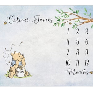 Classic Pooh Bear Baby Milestone Blanket, Track Monthly Growth, Personalized Name Month Baby Shower Gift Boy or Girl