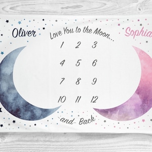 Twins Moon Stars Baby Month Blanket Boy, Personalized Monthly Milestone Blankets, Blue Pink Neutral Nursery, I Love You to the Moon and Back