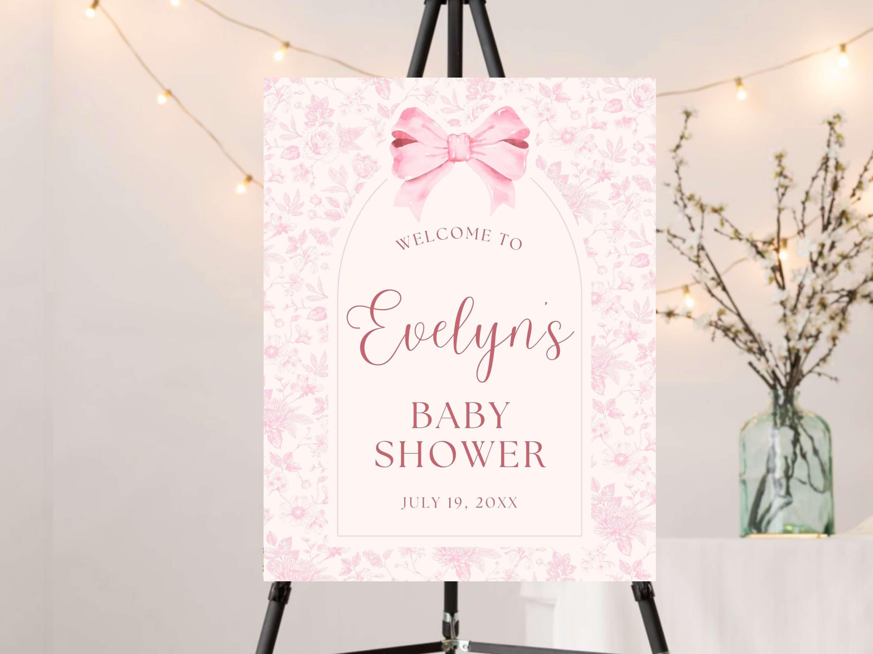 Pink Bow Baby Shower Welcome Sign, Vintage Floral Toile Ribbon Party ...