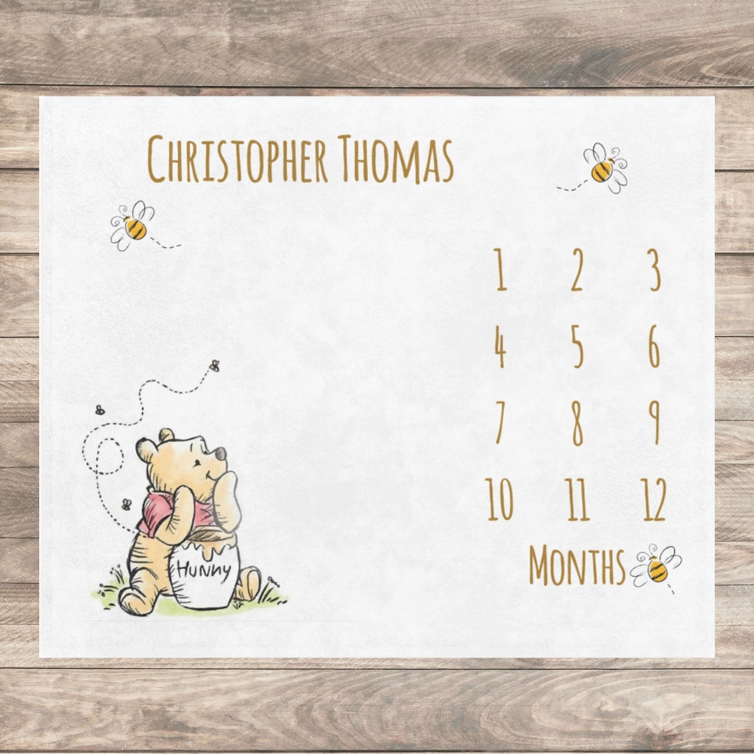Classic Winnie Bear Baby Milestone Blanket, Personalized Name