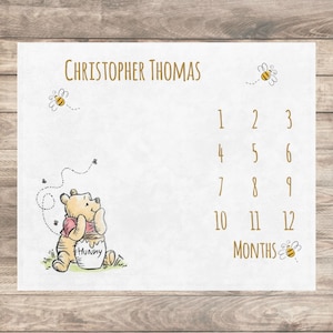 Classic Winnie Bear Baby Milestone Blanket Boy, First Year Calendar Monthly Growth Blanket Girl, Personalized Name Month Baby Shower Gift