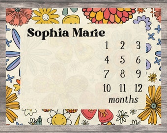 Baby Milestone Blanket Girl, Personalized First Year Calendar Monthly Growth Tracker, 70's Daisy Custom Name Month Blanket, Baby Shower Gift