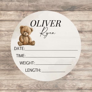 Teddy Bear Baby Birth Stat Announcement, Personalized Wood Round Name Sign, Nursery Decor Boy, Hospital Photo Sign, Bear Baby Shower Gift