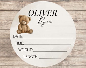 Teddy Bear Baby Birth Stat Announcement, Personalized Wood Round Name Sign, Nursery Decor Boy, Hospital Photo Sign, Bear Baby Shower Gift