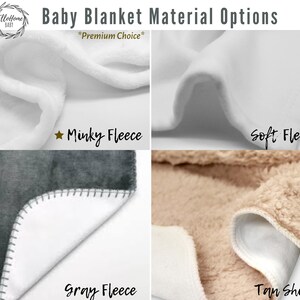Puede incluir: Primer plano de cuatro telas diferentes para mantas de beb&eacute;: franela minky blanca, franela suave blanca, franela gris y sherpa tostado. El texto "Baby Blanket Material Options" y "Premium Choice" es visible en la parte superior de la imagen.