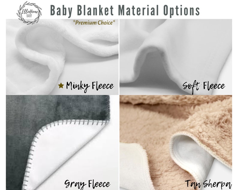 Puede incluir: Primer plano de cuatro telas diferentes para mantas de beb&eacute;: franela minky blanca, franela suave blanca, franela gris y sherpa tostado. El texto "Baby Blanket Material Options" y "Premium Choice" es visible en la parte superior de la imagen.