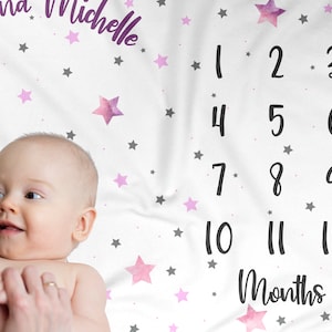 Puede incluir: Una manta de beb&eacute; blanca con un patr&oacute;n de estrellas rosas y grises. La manta tiene los n&uacute;meros del 1 al 12 impresos, junto con la palabra "Meses".