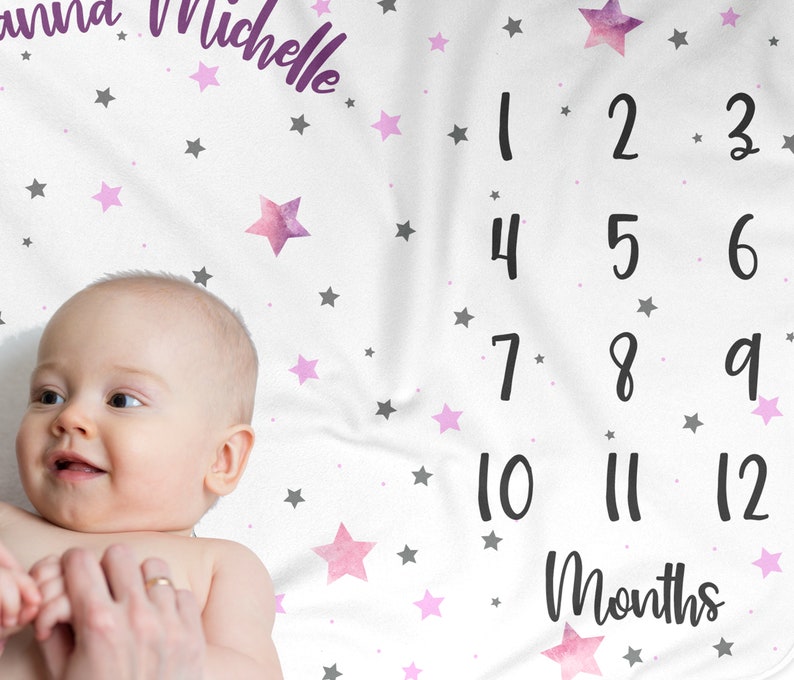 Puede incluir: Una manta de beb&eacute; blanca con un patr&oacute;n de estrellas rosas y grises. La manta tiene los n&uacute;meros del 1 al 12 impresos, junto con la palabra "Meses".