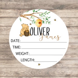 Classic Winnie Bear Baby Birth Stat Announcement, Personalized Wood Round Name Sign, Nursery Decor Boy, Novelty Pooh Bear Baby Shower Gift