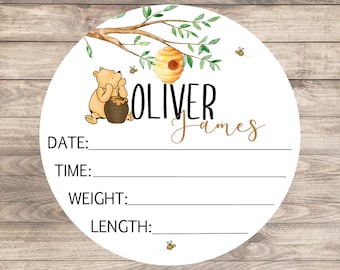 Classic Winnie Bear Baby Birth Stat Announcement, Personalized Wood Round Name Sign, Nursery Decor Boy, Novelty Pooh Bear Baby Shower Gift