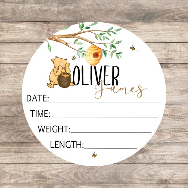 Classic Winnie Bear Baby Birth Stat Announcement, Personalized Wood Round Name Sign, Nursery Decor Boy, Novelty Pooh Bear Baby Shower Gift