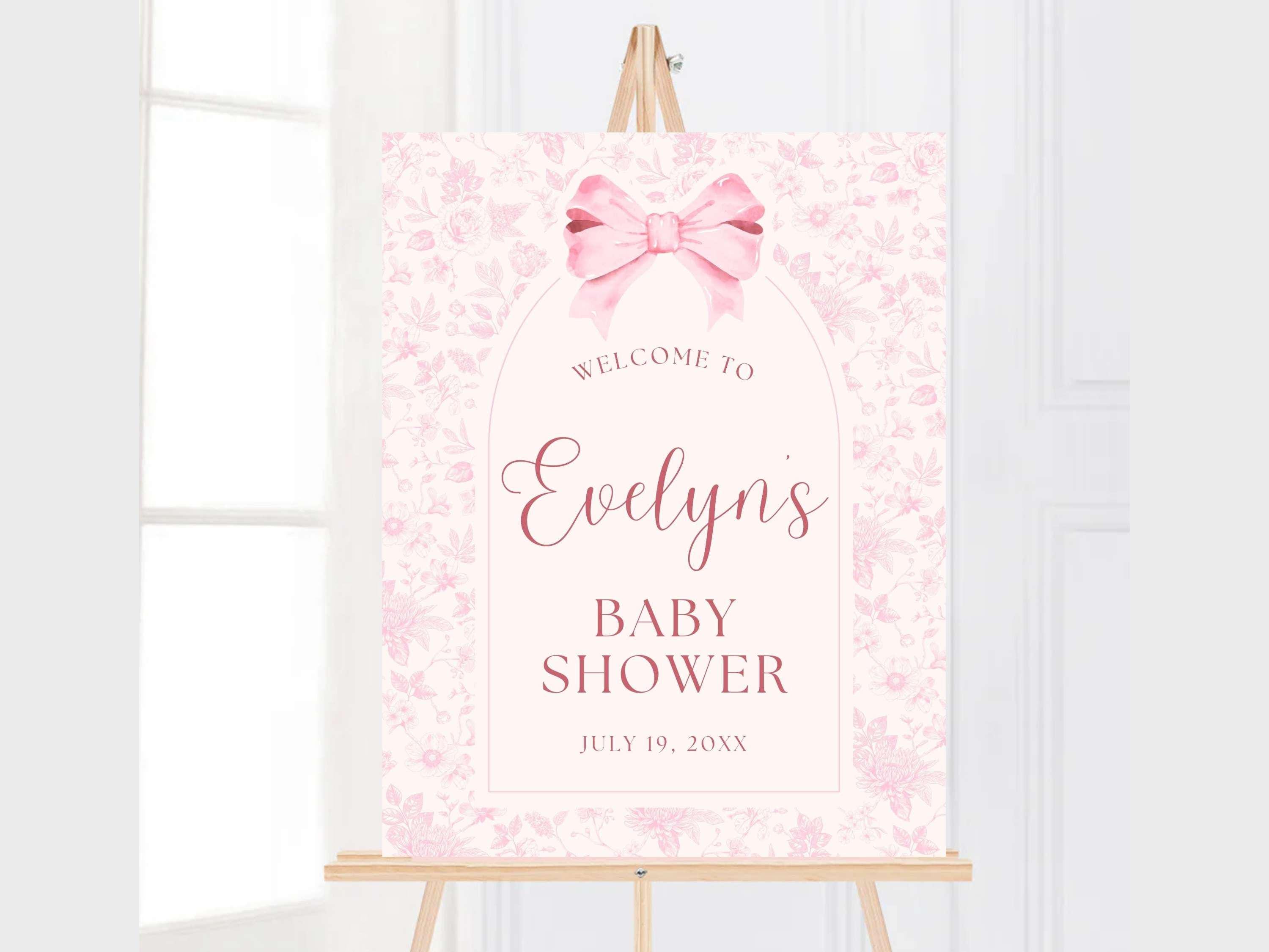 Pink Bow Baby Shower Welcome Sign, Vintage Floral Toile Ribbon Party ...