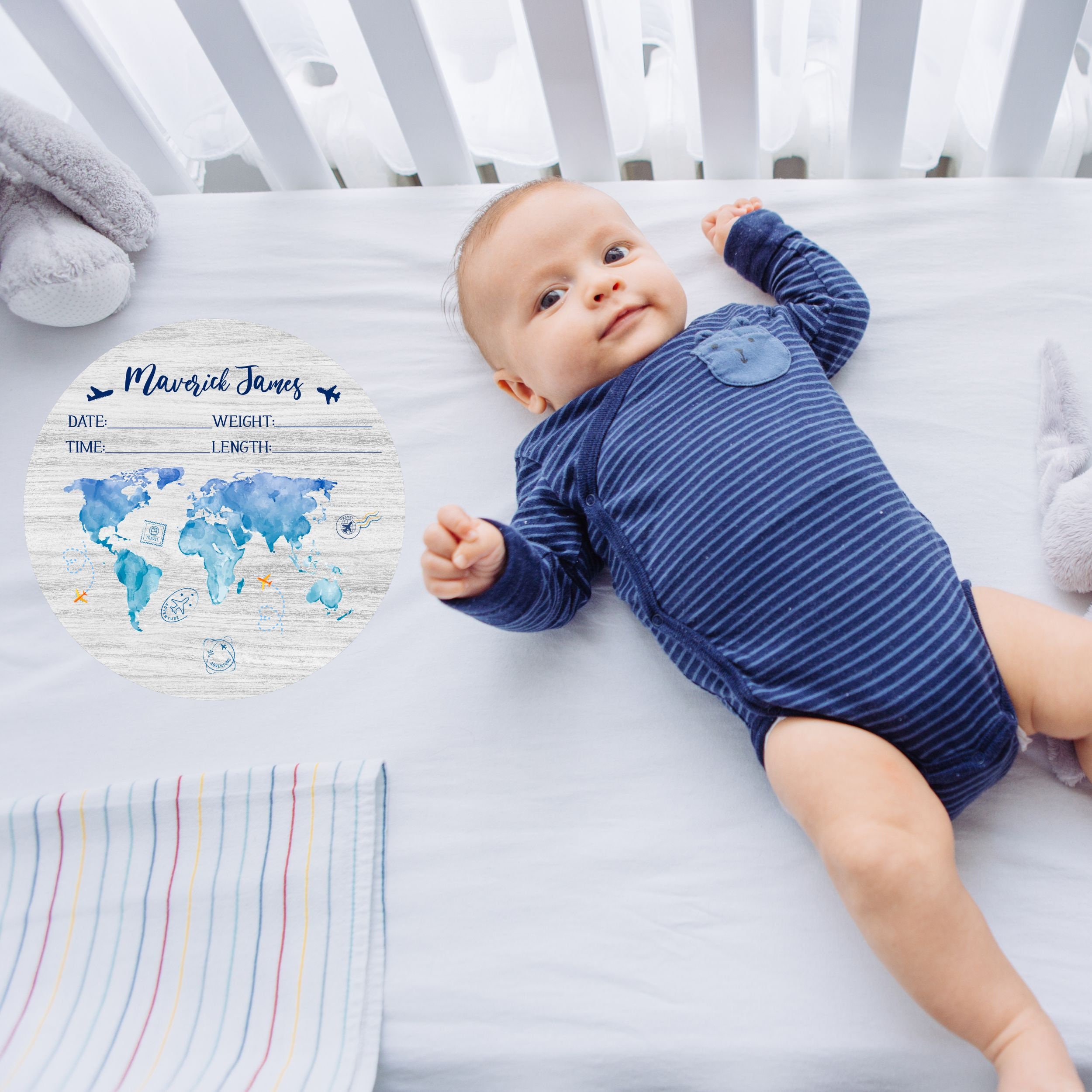 World Map Baby Birth Stat Announcement, Wooden Round Name Sign ...