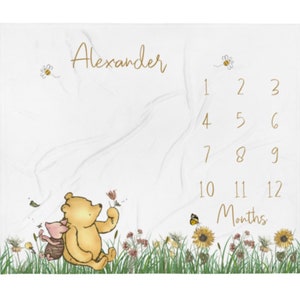 Classic Winnie Bear Milestone Blanket Boy, First Year Calendar Monthly Growth Mat, Personalized Custom Name Month Blanket, Baby Shower Gift