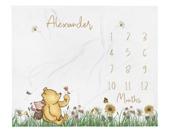 Classic Winnie Bear Milestone Blanket Boy, First Year Calendar Monthly Growth Mat, Personalized Custom Name Month Blanket, Baby Shower Gift