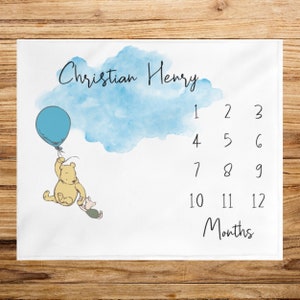 Classic Winnie Bear Baby Milestone Blanket, First Year Calendar Month Growth Blanket, Custom Name Newborn Blanket, Pooh Baby Shower Gift Boy