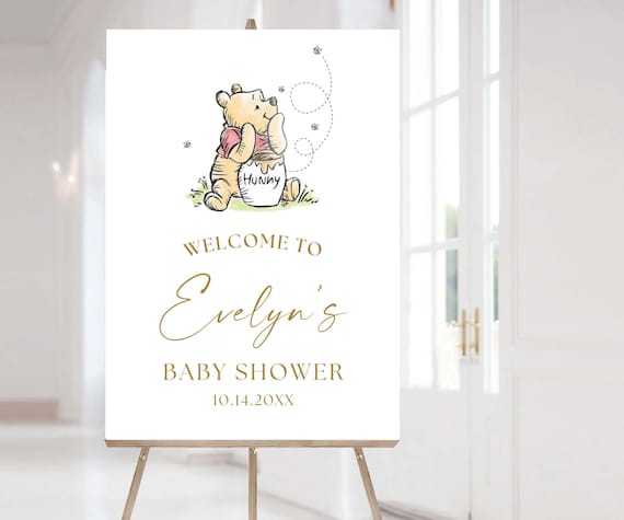 Vintage Winnie Baby Shower Welcome Sign, Bear Poster, Gender Neutral Party Decor, Bear Baby Sprinkle, Storybook Hundred Acre Wood Decor