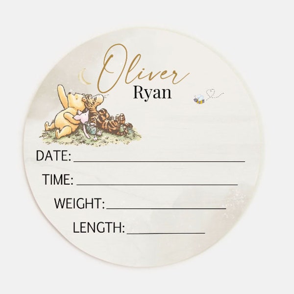Classic Winnie Bear Baby Birth Stat Announcement, Personalized Wood Round Name Sign, Nursery Decor Boy, Novelty Pooh Bear Baby Shower Gift