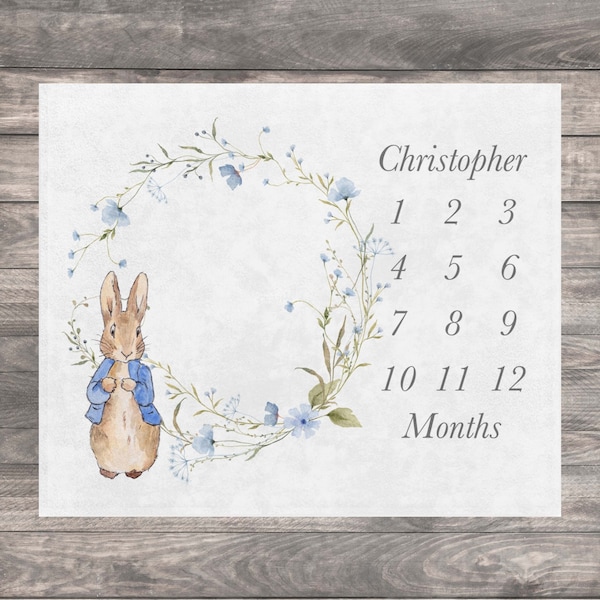 Peter Rabbit Milestone Blanket, Personalized Name Baby Month Blanket, First Year Calendar Monthly Growth Blanket, Boy Baby Shower Gift