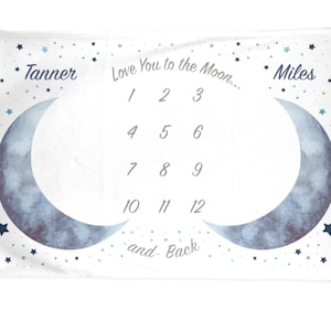 Twins Moon Stars Baby Month Blanket Boy, Personalized Monthly Milestone Blankets, Blue Pink Neutral Nursery, I Love You to the Moon and Back