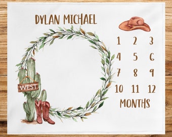 Cowboy Baby Milestone Blanket, Personalized Western Theme Baby Growth Blanket, Cowboy Hat Boots Name Baby Boy Month Blanket, Baby Shower