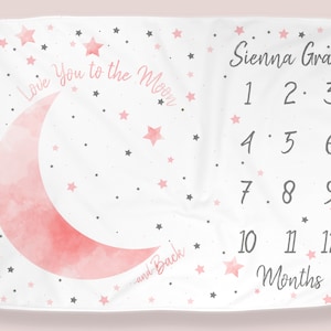 Moon Baby Milestone Blanket Girl, First Year Calendar Monthly Growth Mat, I Love You to the Moon and Back Month Blanket, Baby Shower Gift