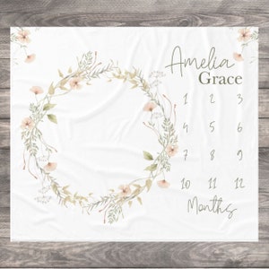 Wildflower Baby Milestone Blanket Girl, Personalized First Year Calendar Monthly Growth Blanket, Boho Floral Month Blanket, Baby Shower Gift