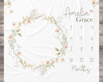 Wildflower Baby Milestone Blanket Girl, Personalized First Year Calendar Monthly Growth Blanket, Boho Floral Month Blanket, Baby Shower Gift