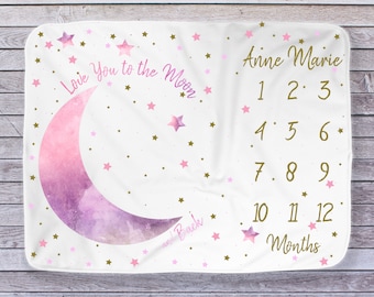 Moon Baby Milestone Blanket Girl, Personalized Name Month Blanket, First Year Calendar Monthly Growth Blanket, Love You to the Moon and Back