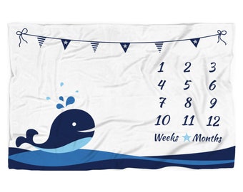 Whale Baby Milestone Blanket Boy, Nautical Personalized Name Month