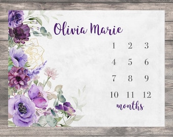 Purple Gold Baby Milestone Blanket, Floral Girl Month Blanket, Personalized First Year Calendar Monthly Growth Blanket, Baby Shower Gift