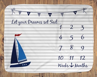 Sail Boat Baby Milestone Blanket Boy, Personalized Name Month Blanket, First Year Monthly Calendar Growth Blanket, Nautical Baby Shower Gift