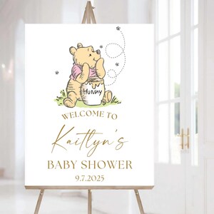 Vintage Winnie Baby Shower Welcome Sign, Bear Poster, Gender Neutral Party Decor, Bear Baby Sprinkle, Storybook Hundred Acre Wood Decor Pink