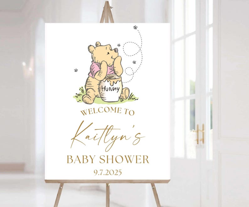 Vintage Winnie Baby Shower Welcome Sign, Bear Poster, Gender Neutral Party Decor, Bear Baby Sprinkle, Storybook Hundred Acre Wood Decor Pink