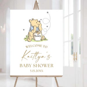 Vintage Winnie Baby Shower Welcome Sign, Bear Poster, Gender Neutral Party Decor, Bear Baby Sprinkle, Storybook Hundred Acre Wood Decor Blue