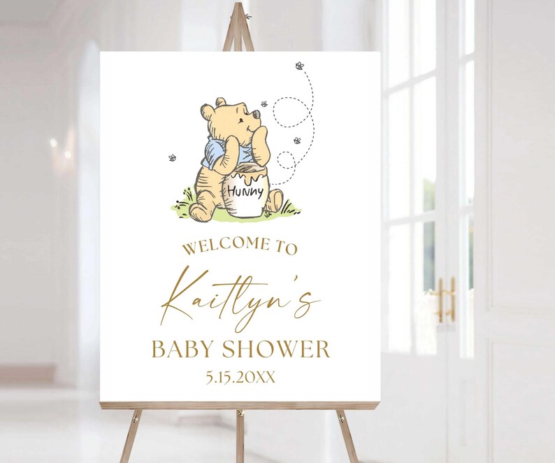 Vintage Winnie Baby Shower Welcome Sign, Bear Poster, Gender Neutral Party Decor, Bear Baby Sprinkle, Storybook Hundred Acre Wood Decor Blue