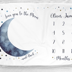 Moon Stars Baby Month Blanket Boy, Personalized Monthly Milestone Growth Blankets, Navy Blue Nursery, I Love You to the Moon and Back Photo