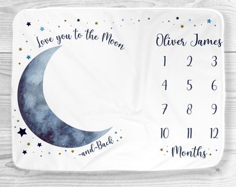 Moon Stars Baby Month Blanket Boy, Personalized Monthly Milestone Growth Blankets, Navy Blue Nursery, I Love You to the Moon and Back Photo