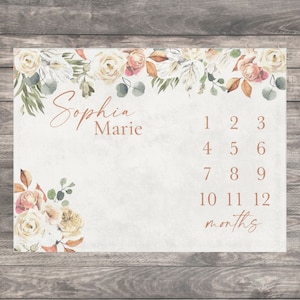 Boho Baby Milestone Blanket Girl, Personalized First Year Calendar Monthly Growth Blanket, Fall Rustic Floral Month Blanket Baby Shower Gift